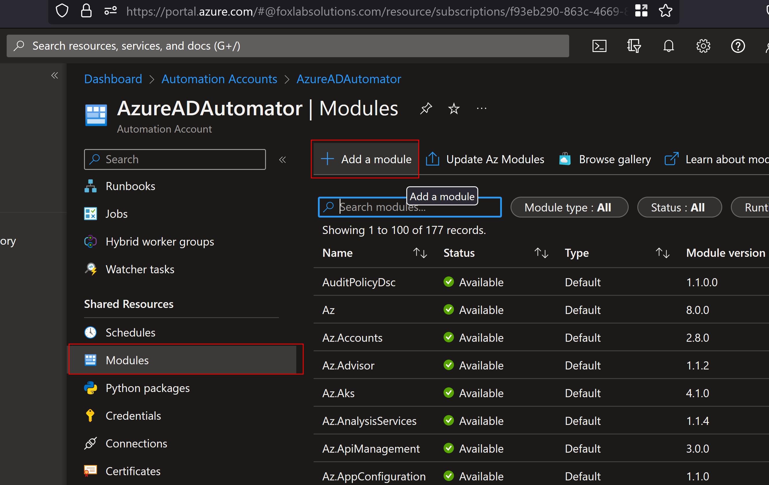 Add a module in Azure AD Automation Account