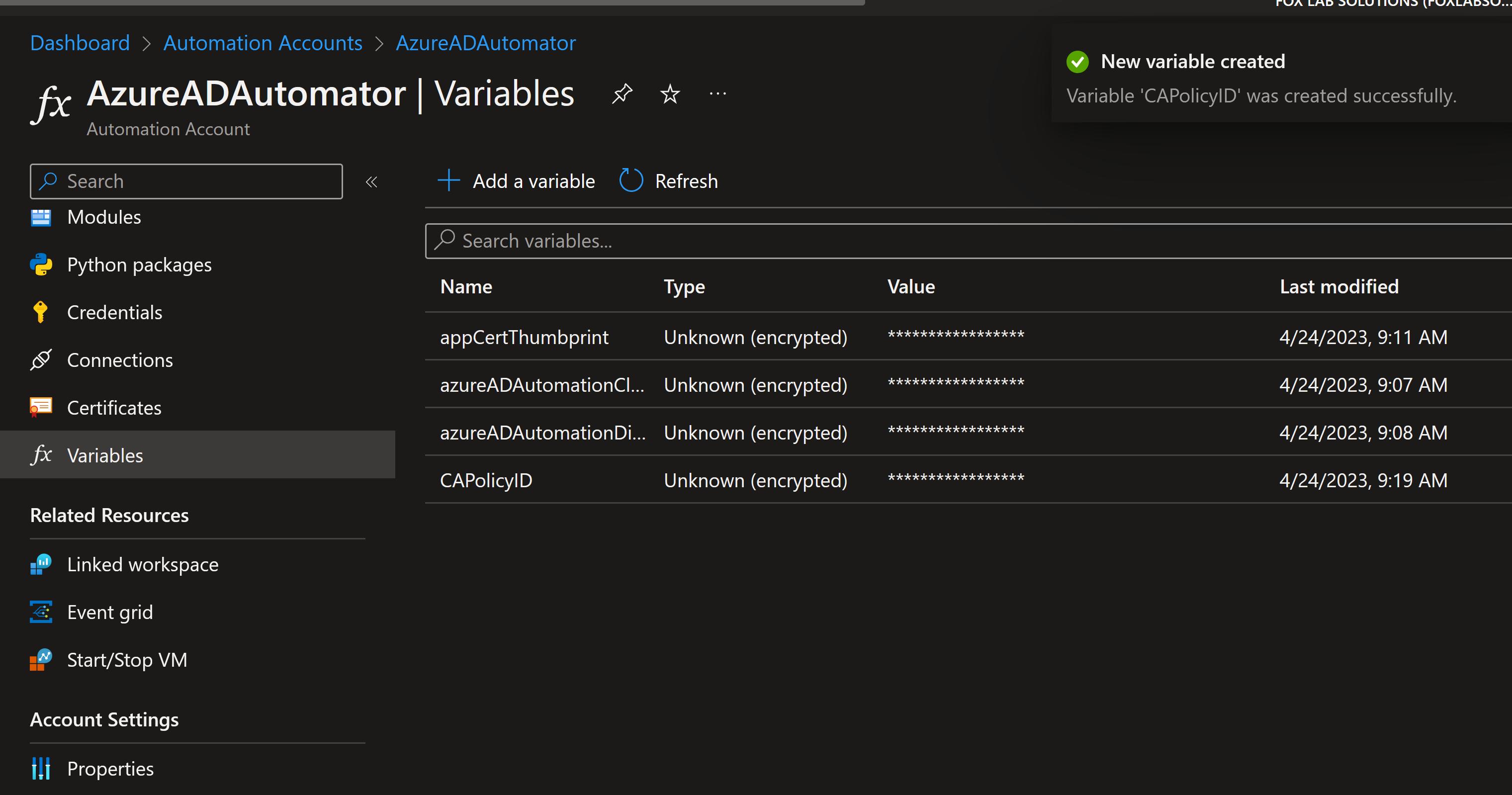 Add variables in Automation account