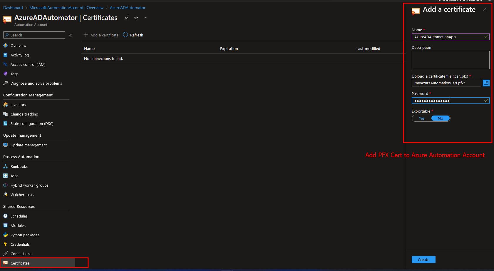 Upload PFX to Automation Account